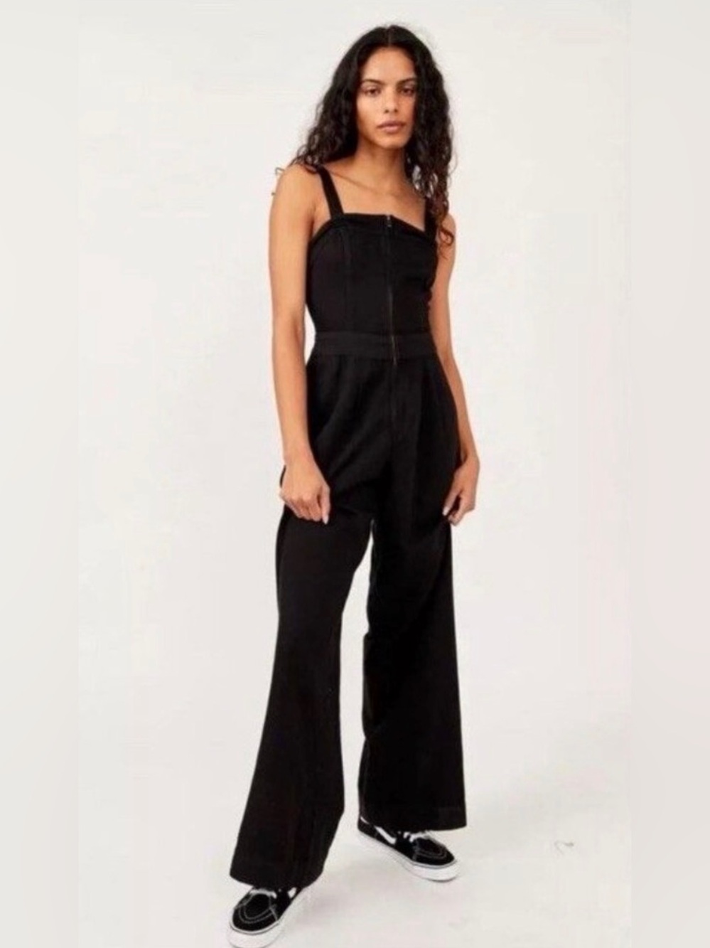 NWOT- FREE PEOPLE Large CALL ON ME ONE PIECE WIDE LEG JUMPSUIT IN Black Boho